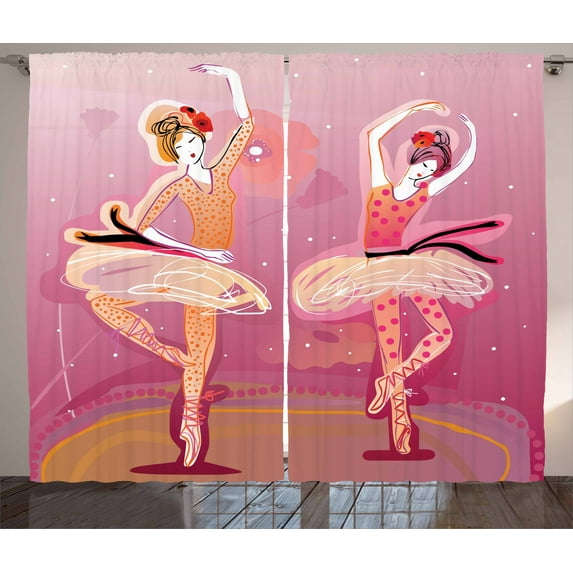 Ballet Curtains 2 Panels Set, Ballet Dancers in Colorful Clothes Performing on the Stage Hand-Drawn Image Print, Window Drapes for Living Room Bedroom, 108W X 96L Inches, Multicolor, by Ambesonne