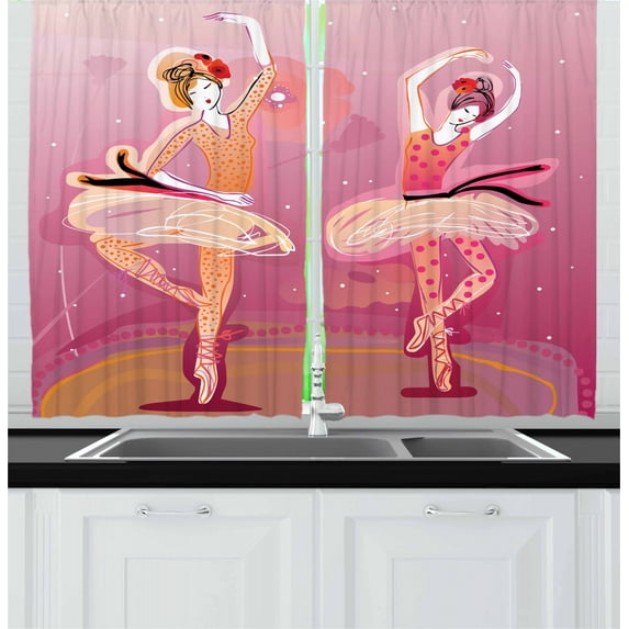 Ballet Curtains 2 Panels Set, Ballet Dancers in Colorful Clothes Performing on the Stage Hand-Drawn Image Print, Window Drapes for Living Room Bedroom, 55W X 39L Inches, Multicolor, by Ambesonne