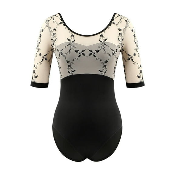 Ballet Dance Leotards for Women Boat Collar Lace Splice Dance Clothes Floral Embroidery Long Sleeve