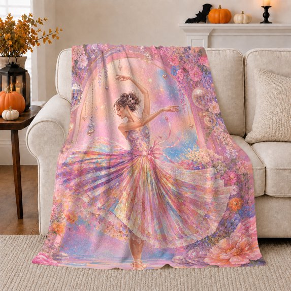 Ballet Dancer Fantasy Floral Illustration, Festive Holiday Scene, Warm Flannel Blanket for Sunroom and Reading Nook, Art Lovers Valentine's Day Gift, Fantasy Home Decor