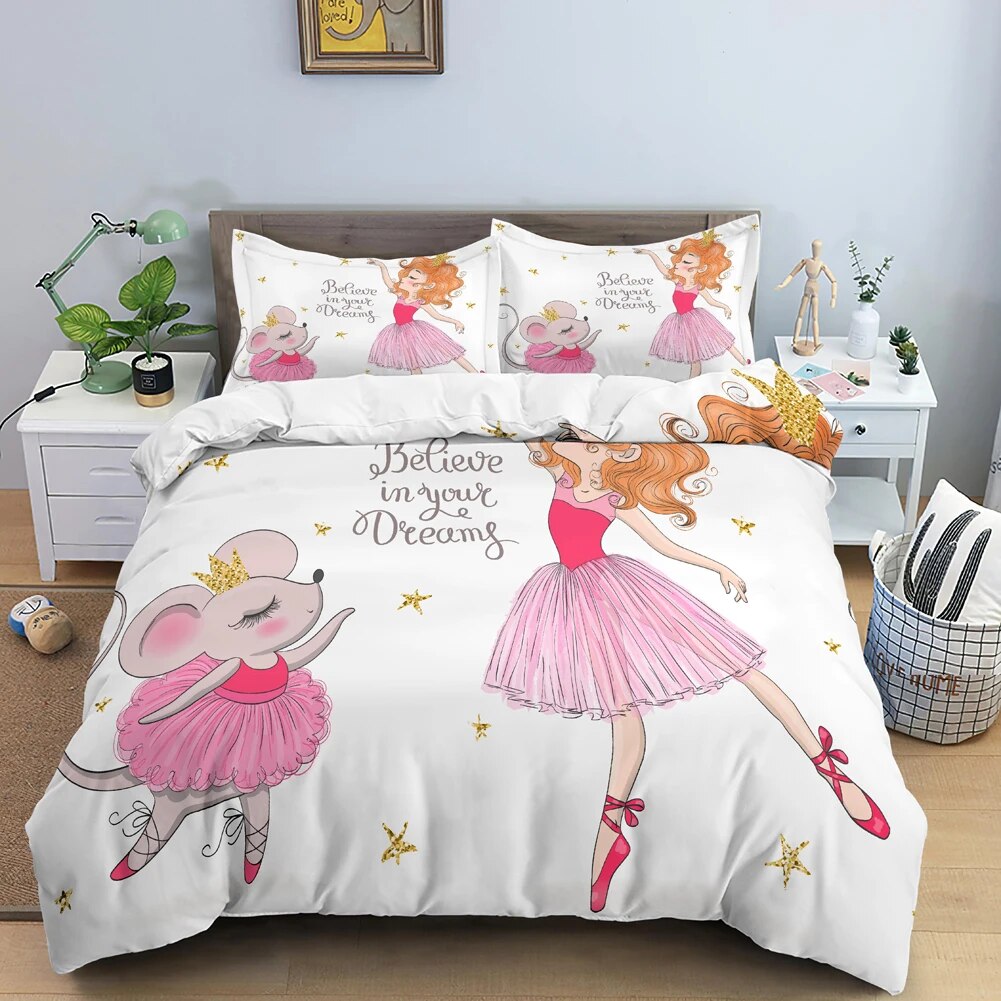 Ballet Dancer Girl Duvet Cover Set White Princess Bedding Set Cute