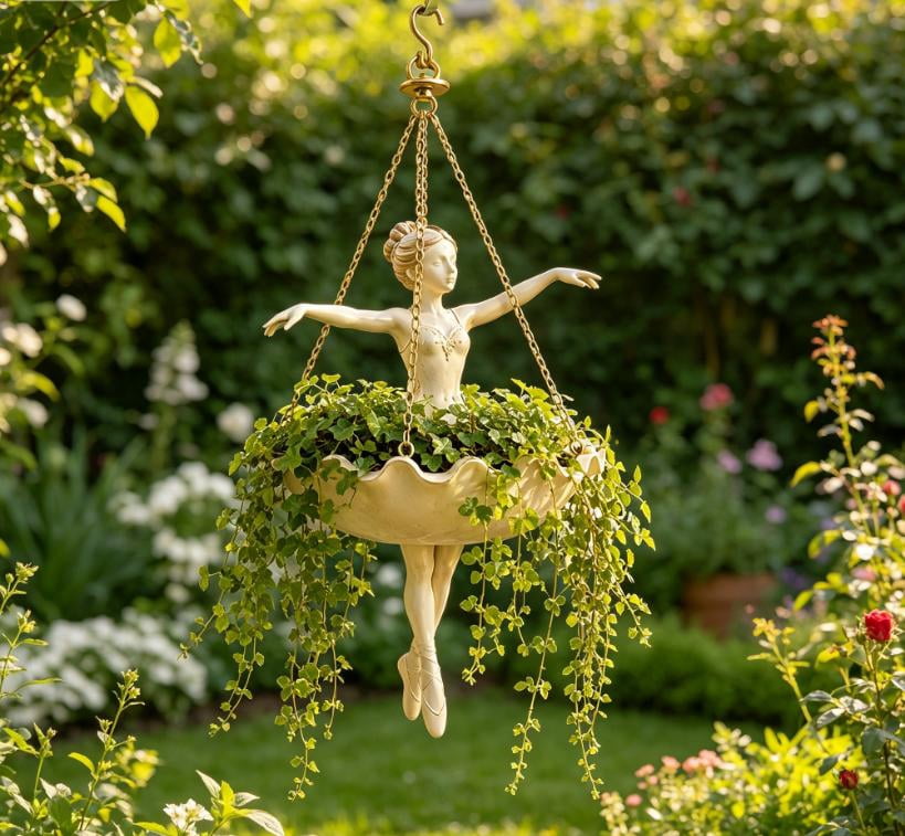 Ballet Dancer Hanging Planter, Detailed Ballerina Figurine Hanging Plant Pot, Functional Decorative Basket for Trailing Greenery, Birthday Holiday Gift for Gardeners