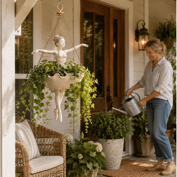 Ballet Dancer Hanging Planter, Elegant Hanging Flower Pot for Patio Porch Living Room Home Plant Display Ornament