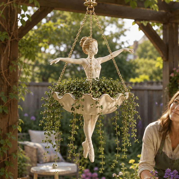 Ballet Dancer Hanging Planter Hanging, Artistic Ballerina Statue Flower Pot with Metal Chains, Succulent Ivy Plant Holder, Outdoor Garden Porch Patio Gift for Dance Teachers