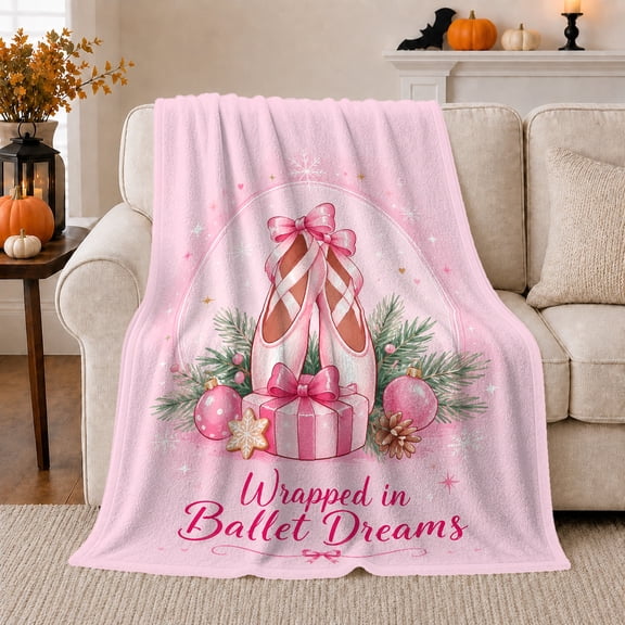 Ballet Dreams Wrapped Pink Pointe Shoes Christmas, Festive Holiday Scene, Soft Flannel Blanket for Living Room and Family Room, Art Lovers Valentine's Day Gift, Festive Home Decor