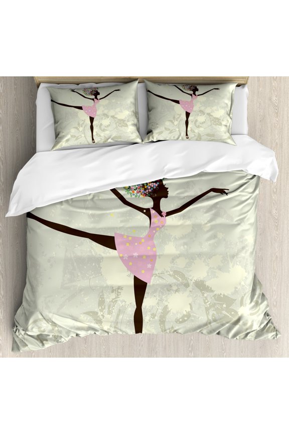 Ballet Duvet Cover Set Queen Size, Afro Girl with Floral Hair Dancing Monarch Butterfly on Grunge Background, Decorative 3 Piece Bedding Set with 2 Pillow Shams, Pale Green Pink Brown, by Ambesonne