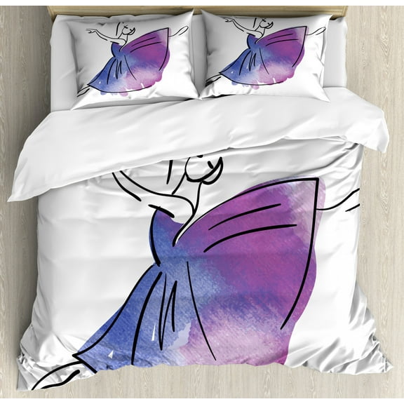 Ballet Duvet Cover Set Queen Size, Doodle Style Ballerina Icon Hand Drawn Vibrant Watercolor Kids Girls, Decorative 3 Piece Bedding Set with 2 Pillow Shams, Lavender Blue Purple White, by Ambesonne