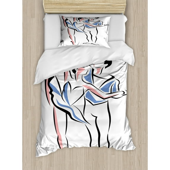 Ballet Duvet Cover Set Twin Size, Man Woman Dancers Performing Together Classic Stage Theatrical Sketch, Decorative 2 Piece Bedding Set with 1 Pillow Sham, Violet Blue Coral White, by Ambesonne
