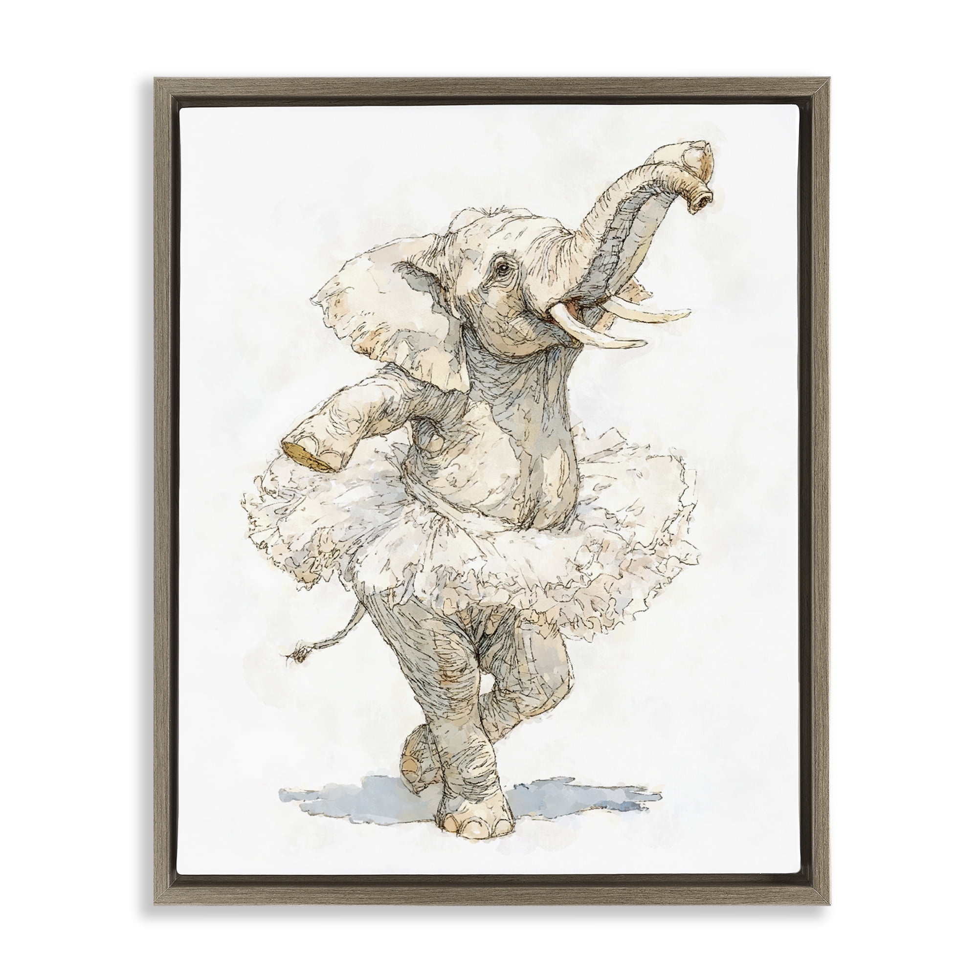Ballet Elephant Tutu Brown Framed Floater Canvas Wall Art, design by Ziwei Li