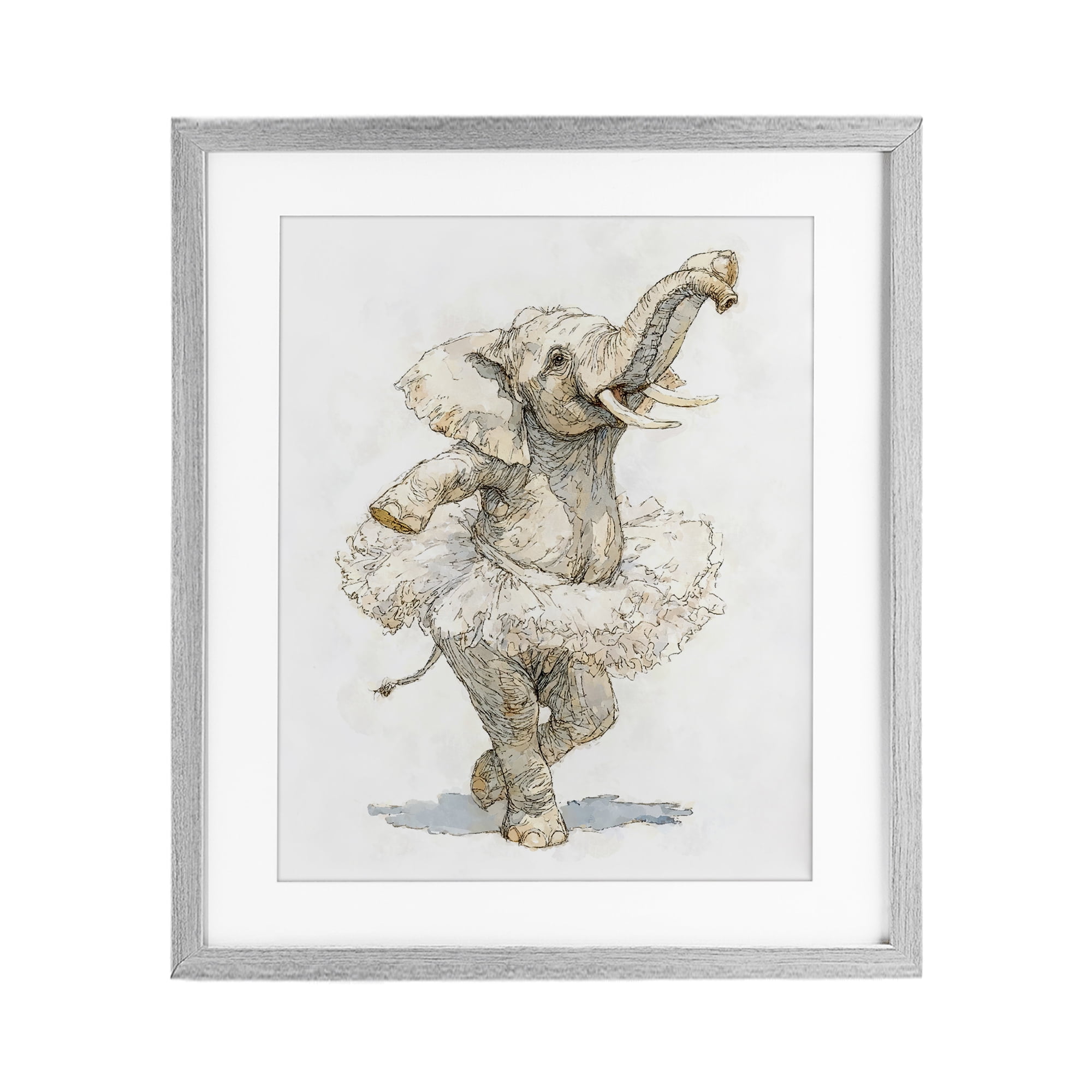 Ballet Elephant Tutu Gray Framed Print Under Glass, design by Ziwei Li