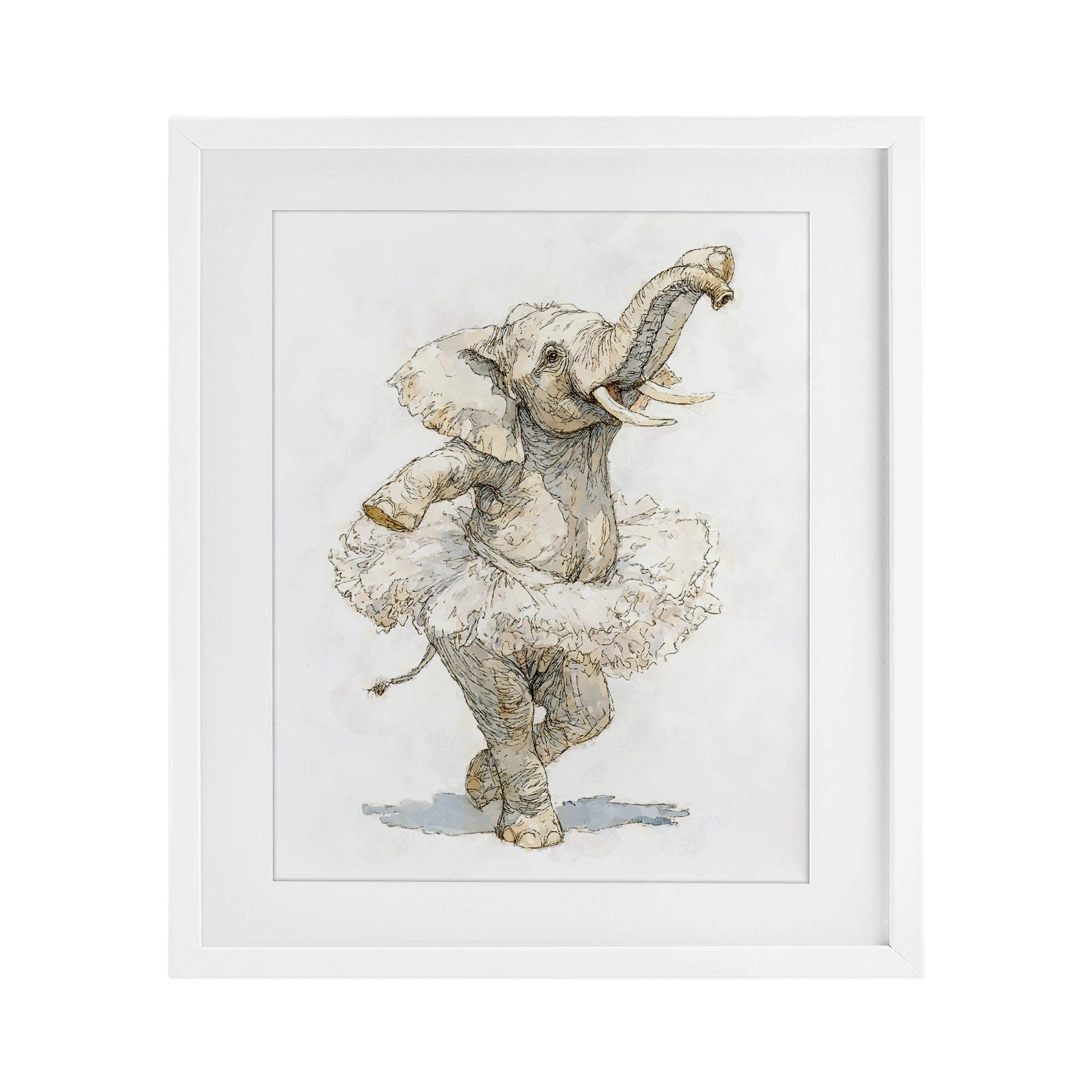 Ballet Elephant Tutu White Framed Print Under Glass, design by Ziwei Li