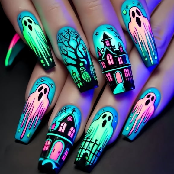 Ballet Fake Nails Halloween Theme Blue Pumpkin Ghostly Design Durability ABS Build Comfortable Wear Horror Theme
