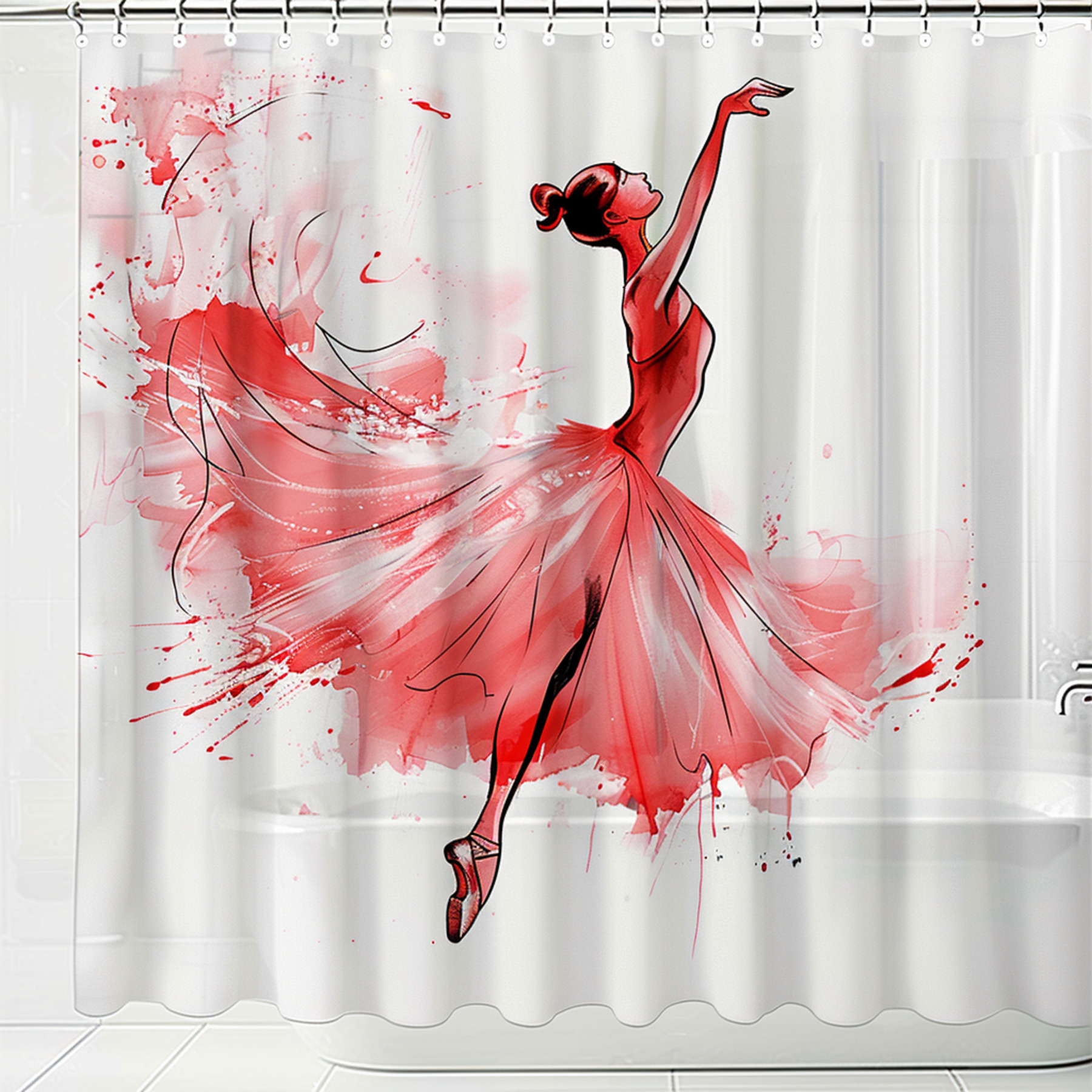 Ballet Flamingo Dancer Shower Curtain Pink and Red Ballerina Design on White Background Tutu