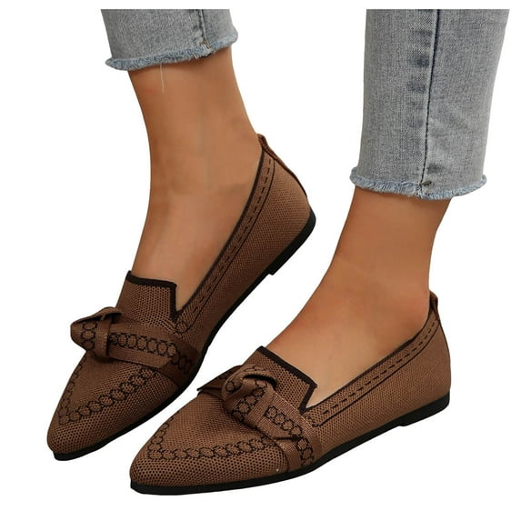 Ballet Flat Shoes for Women Fashion Print Bowknot Pointed Toe Knit Mesh Slip on Loafers Casual Lightweight Walking Shoes Brown Size 9