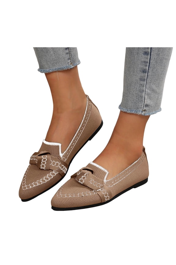 Ballet Flat Shoes for Women Fashion Print Bowknot Pointed Toe Knit Mesh Slip on Loafers Casual Lightweight Walking Shoes Khaki Size 6