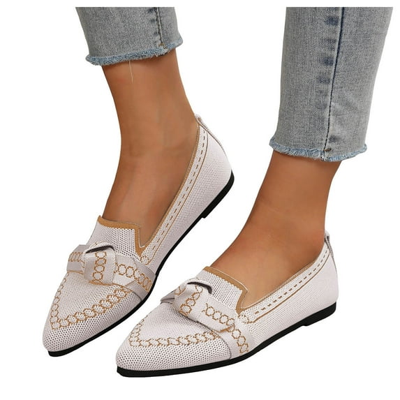 Ballet Flat Shoes for Women Fashion Print Bowknot Pointed Toe Knit Mesh Slip on Loafers Casual Lightweight Walking Shoes White Size 6.5