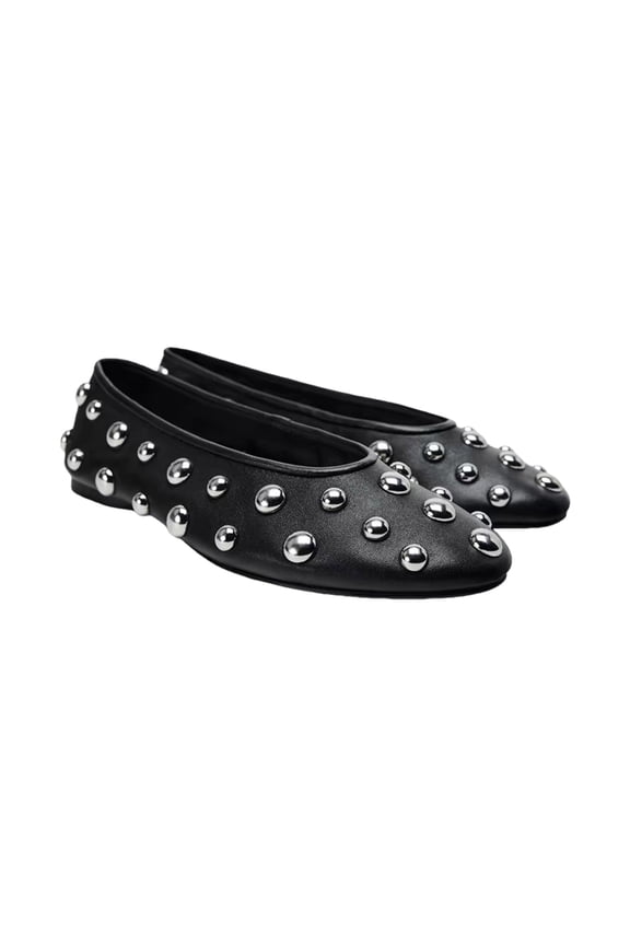 Ballet Flats Black Color with Studded Accents PU Leather Casual Walking Low Heel Slip On Round Top Flat Shoes for Women