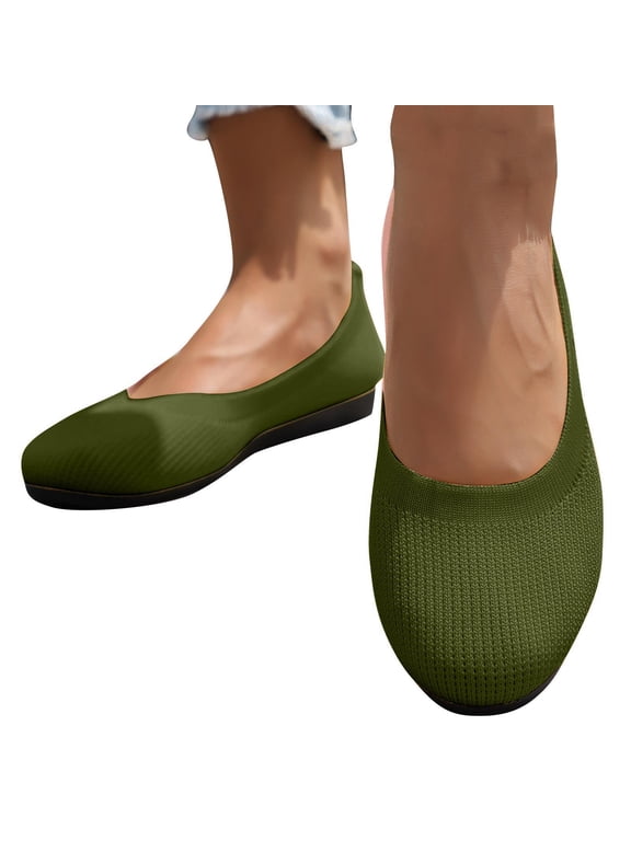 Ballet Flats Shoes for Women, Foldable Knit Women's Flats with Arch Support, Comfortable Shoes for Women Dressy Casual Work Office Army Green 7