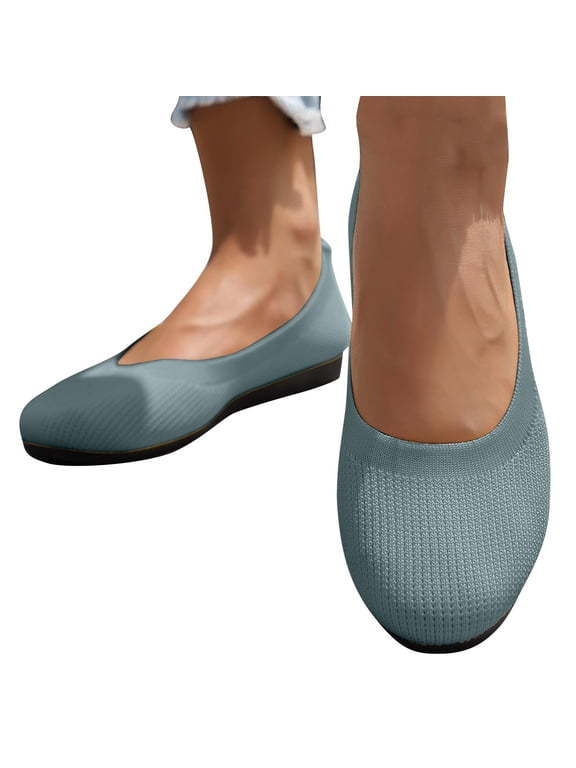 Ballet Flats Shoes for Women, Foldable Knit Women's Flats with Arch Support, Comfortable Shoes for Women Dressy Casual Work Office Light Blue 8.5