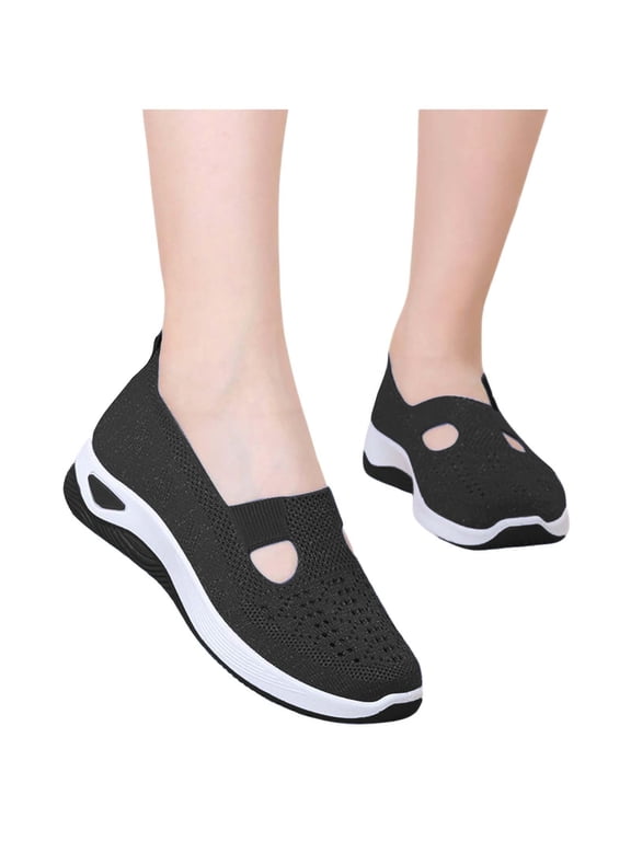Ballet Flats for Women Round Toe Mary Jane Shoes Comfortable Dressy Women Flats Adjustable Straps Washable Knit Slip On Shoes Black 4.5