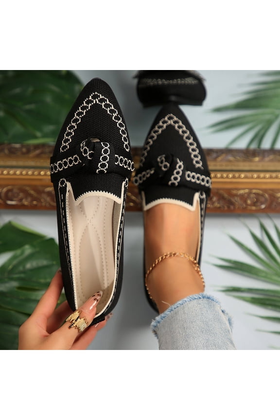 Ballet Flats for Women Soft Knit Slip on Shoes Fashion Pointy Toe Loafers for Daily Going Out Black 7.5