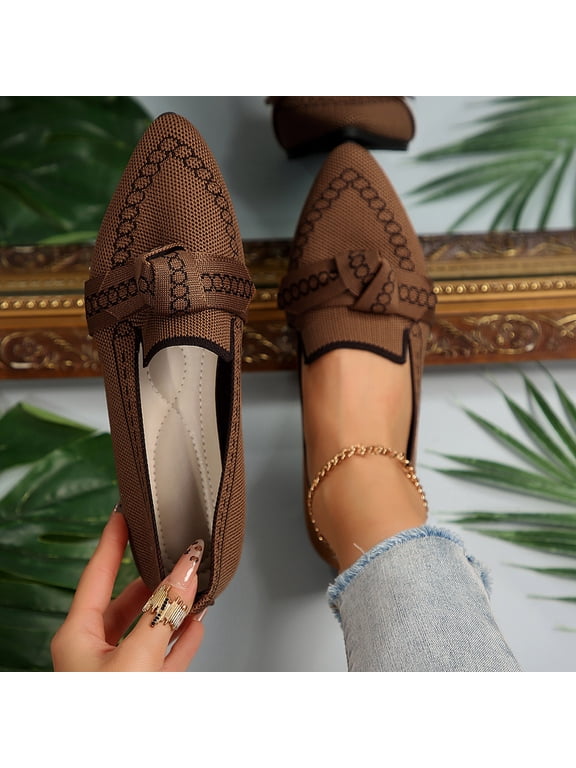 Ballet Flats for Women Soft Knit Slip on Shoes Fashion Pointy Toe Loafers for Daily Going Out Brown 6.5
