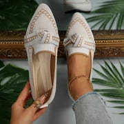 Zunfeo Ballet Flats for Women Soft Knit Slip on Shoes Fashion Pointy Toe Loafers for Daily Going Out White 6.5