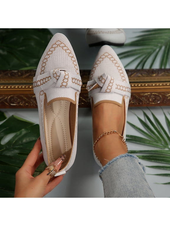 Zunfeo Ballet Flats for Women Soft Knit Slip on Shoes Fashion Pointy Toe Loafers for Daily Going Out White 6