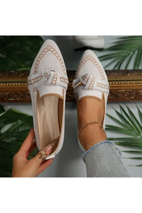 Ballet Flats for Women Soft Knit Slip on Shoes Fashion Pointy Toe Loafers for Daily Going Out White 9.5