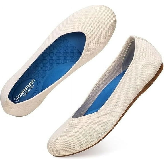 Flatgios Women's Ballet Flats Knitted Round Toe Flat Women's Walking Shoes Comfortable Casual Shoes Cream-9.5