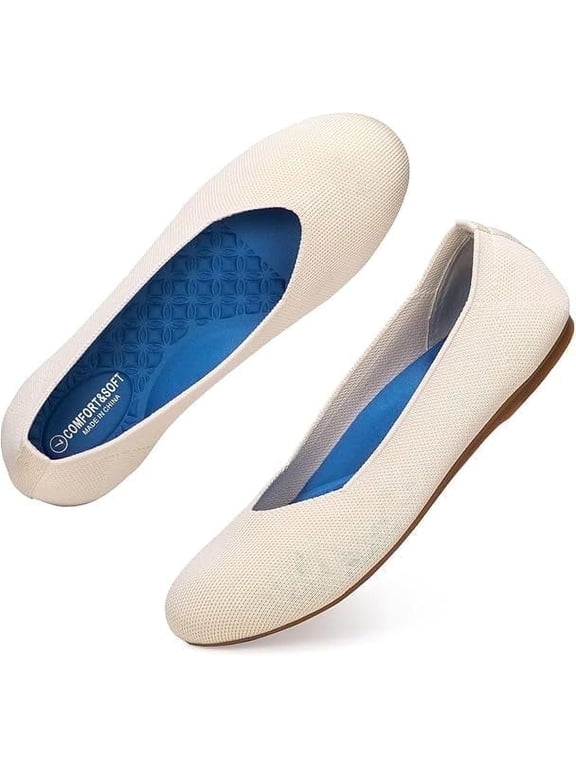 Women's Ballet Flats Knitted Round Toe Flat Women's Walking Shoes Comfortable Casual Shoes Cream-8.5
