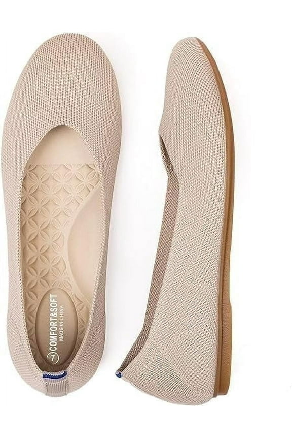 Women's Ballet Flats Knitted Round Toe Flat Women's Walking Shoes Comfortable Casual Shoes Nude-8.5