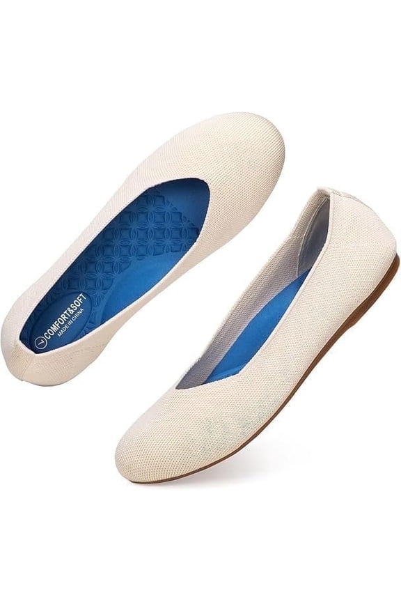 Women's Ballet Flats Knitted Round Toe Flat Women's Walking Shoes Comfortable Casual Shoes Cream-8