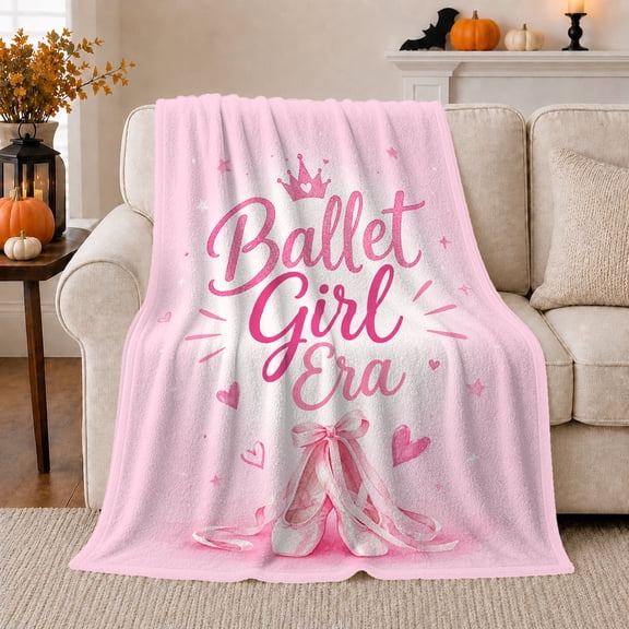 Ballet Girl Era Cursive Crown Pointe Shoes autumn celebration, Warm Flannel Blanket for Living Room and Family Room, Festive autumn celebration Scene, Art Lovers autumn celebration Gift