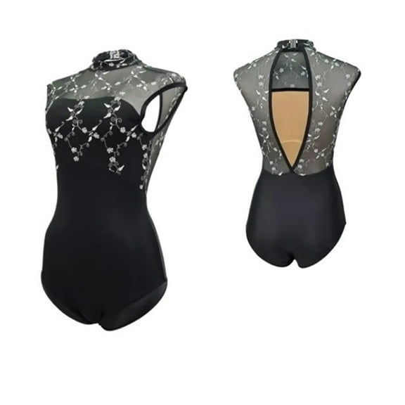 Ballet Leotard Mesh Printed Embroidered Stand Up Collar Backless Sleeveless Gymnastics Leotard Women One Piece Body Suit