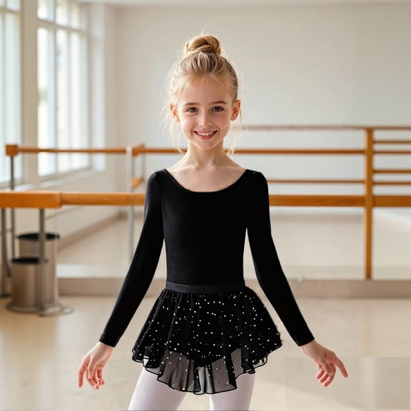 Ballet Leotard for Girls Long Sleeve Girls Black Dance Leotard with Glitter Skirt Ballet Outfit Girls Clothing Size 5-6 Years