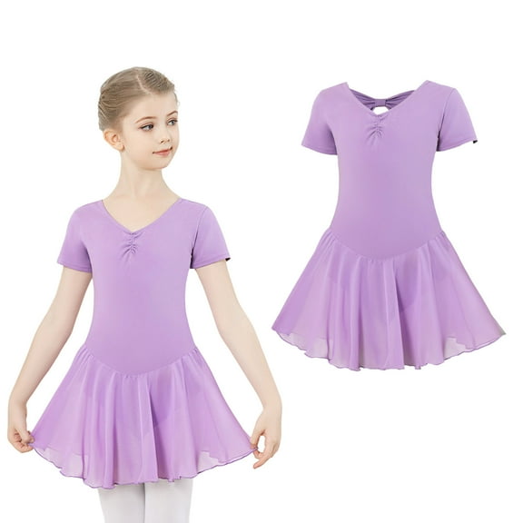 Ballet Leotard for Girls Short Sleeve Purple Girls Leotards for Dance with Skirt Kids Ballet Outfit Dance Leotard for Girls 6-7 Years