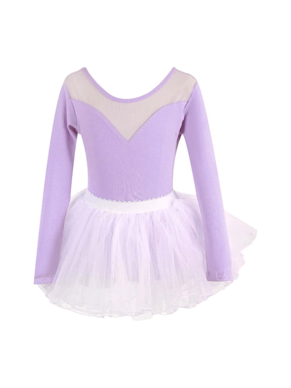 Ballet Leotards with Removable Skirt for Girls Long Sleeve Crew Neck, Solid Color 2 Piece Set Leotard + Tutu Skirt Ballet Jazz Tap Light Purple 3-4 Years