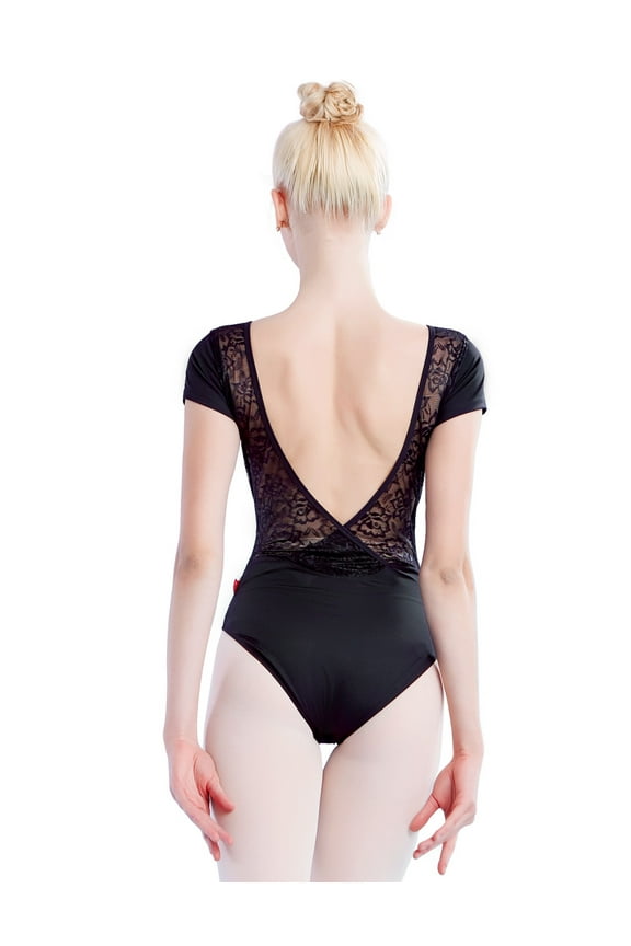 Ballet Leotards With V Hollow Back Short Sleeves Dancewear Bodysuit Teen Girls