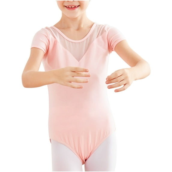 Ballet Leotards for Girls Short Sleeve Classic V Back Gymnastics Dancewear Button Elegant Slimming Training Bodysuit, Pink, 15T