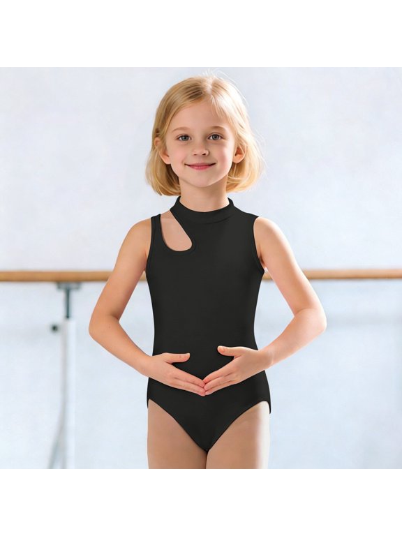 Ballet Leotards for Girls Sleeveless Keyhole Neck, Solid Color Strappy Dance Romper Gymnastics Leotard Mesh Cutout Summer Black 2-3 Years