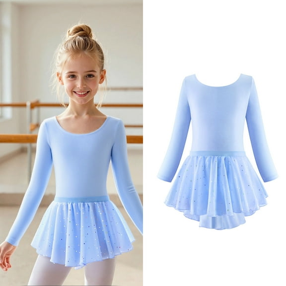 Ballet Leotards for Teens Classic Long Sleeve Blue Ballet Leotards for Girls with Skirt Kids Ballet Outfit 5-6 Years Dance Leotards for Girls