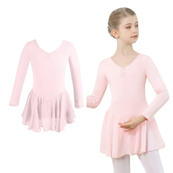 Ballet Leotards for Teens Long Sleeve Girls Pink Dance Leotard with Skirt Ballet Outfit Girls Clothing Size 6-7 Years