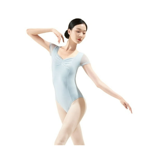 Ballet Leotards for Women Gymnastics Leotards Nylon Mesh Splice Pleated Dance Leotards Short Sleeves Ballet Bodysuit