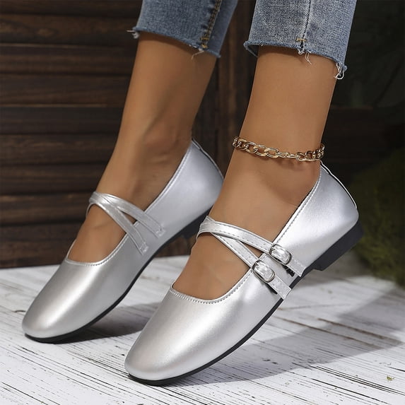 Ballet Mary Jane Sneakers for Women, Ballet Woman Mary Jane, Women's Double Strap Mary Jane Flats, Comfortable Square Toe Slip On Loafers, Trendy Elegant Dressy Ballet Sneakers, Silver 7