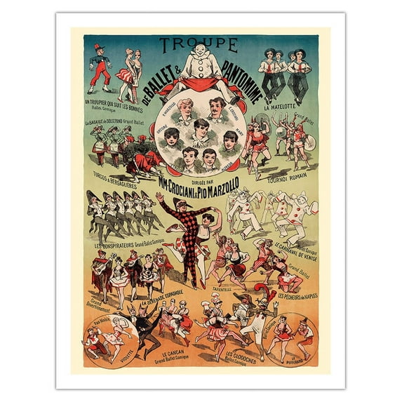 Ballet and Pantomime Troupe - Directed by M.M. Crociani and Pio Marzollo - Vintage Circus Poster c.1881 - Fine Art Matte Paper Print (Unframed) 20x26in