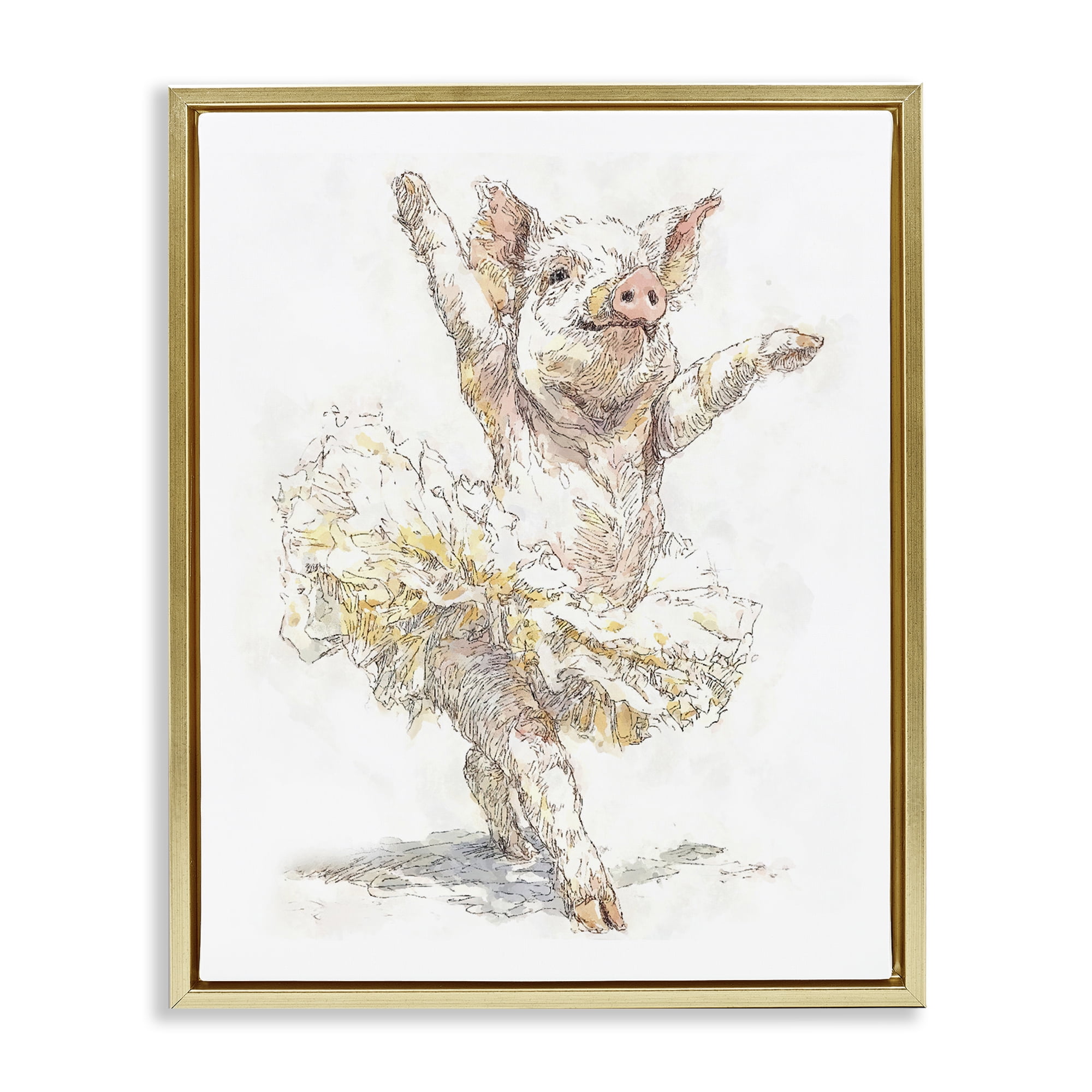 Ballet Pig Tutu Gold Framed Floater Canvas Wall Art, design by Ziwei Li