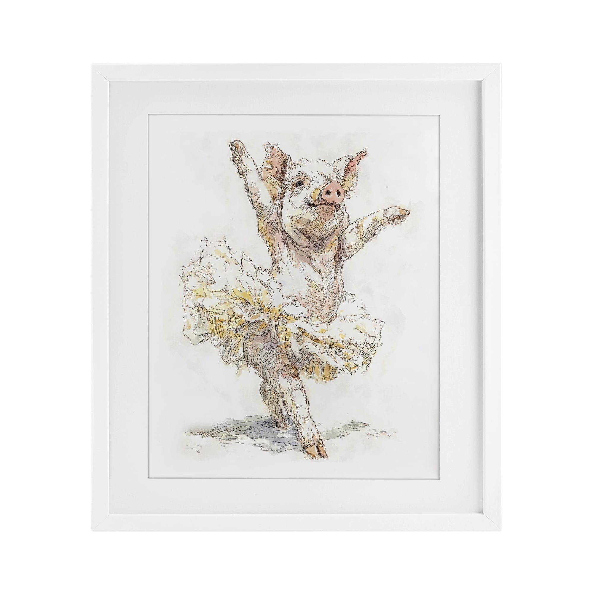 Ballet Pig Tutu White Framed Print Under Glass, design by Ziwei Li