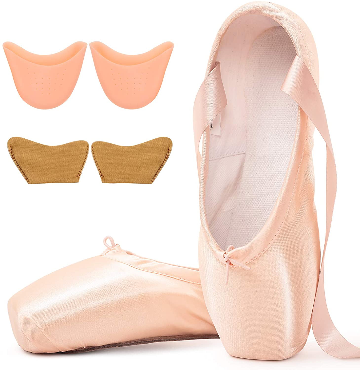 Ballet Pointe Shoes for Girls and Women Pink Satin Dance Shoes with  Pre-Sewn Ribbons Toe Pads (Please Choose One Size Larger)