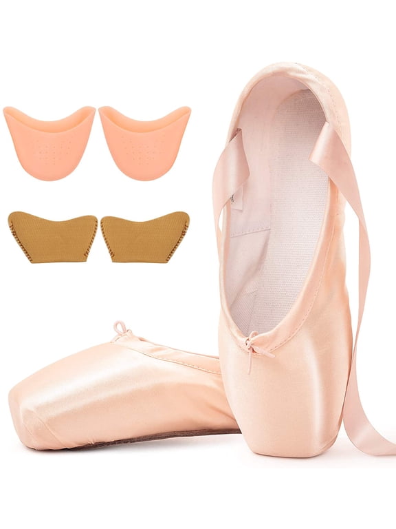 Ballet Pointe Shoes for Girls and Women Pink Satin Dance Shoes with Pre-Sewn Ribbons Toe Pads (Please Choose One Size Larger)